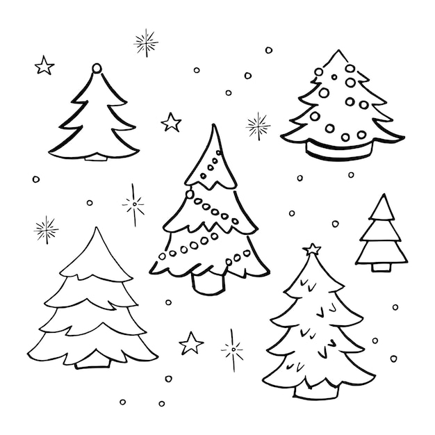 Weihnachtsbäume doodle-set. sammlung von handgezeichneten verzierten weihnachtsbäumen. vektor-illustration. getrennt auf weiß.