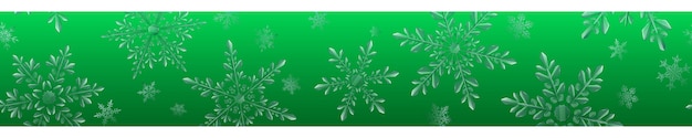 Weihnachtsbanner aus großen, komplexen, transparenten schneeflocken in hellblauen farben auf grünem farbverlaufshintergrund mit horizontalem, sich wiederholendem muster