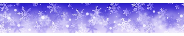 Weihnachtsbanner aus komplexen verschwommenen und klaren schneeflocken in weißen farben auf blauem hintergrund mit horizontaler wiederholung