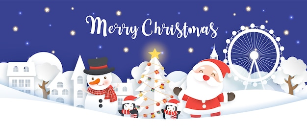 Weihnachtsbanner mit einem weihnachtsmann, schneemann und pinguinen im schneedorf papierschnitt und bastelstil.