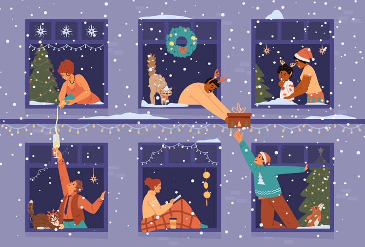 Vektor weihnachtsbanner mit menschen in fenstern, die feiern