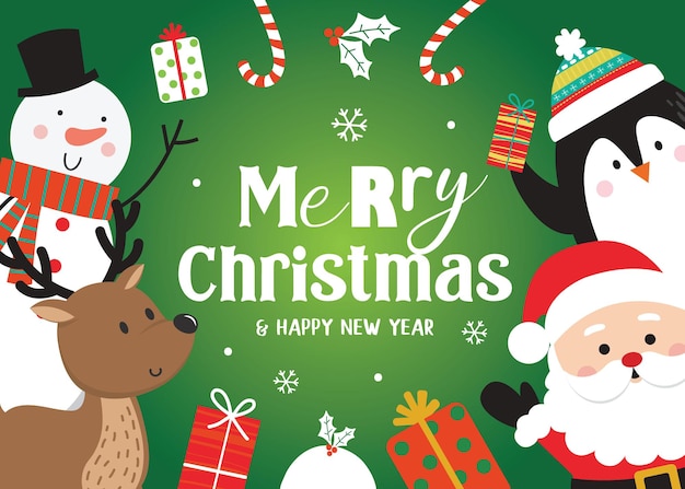 Weihnachtsbanner mit niedlichen Weihnachtsfiguren auf grünem Hintergrund
