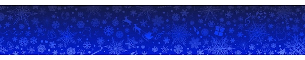 Weihnachtsbanner mit verschiedenen schneeflocken und feiertagssymbolen in blauen farben