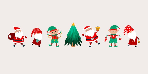 Vektor weihnachtsbanner mit weihnachtsmann, zwergen, weihnachtsbaum, elfen
