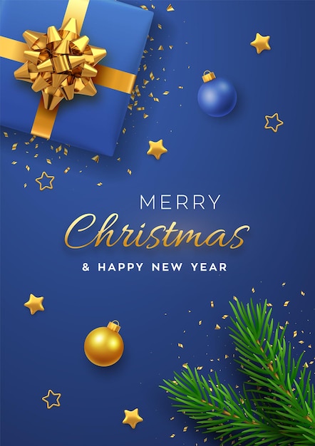 Weihnachtsbanner. Realistische blaue Geschenkbox mit goldener Schleife, Tannenzweigen, goldenen Sternen und Glitzerkonfetti, Kugeln. Weihnachtshintergrund, Cover, Poster, Grußkarten, Header-Website. Vektor.
