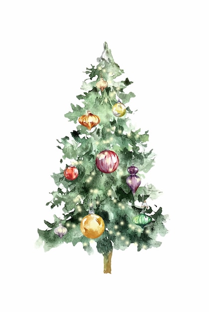 Vektor weihnachtsbaum aquarell winterillustration bälle geschmückt