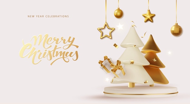 Weihnachtsbaum auf rundem Studiopodium Realistische 3D-Weihnachts- und Neujahrsdekoration Vektorillustration