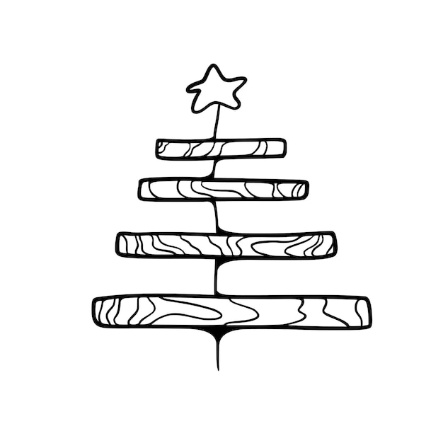 Vektor weihnachtsbaum aus holzbrettern weihnachtsdekoration doodle lineares cartoon-malbuch