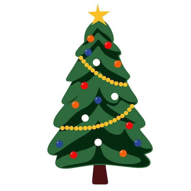 Weihnachtsbaum im flachen stil isoliert auf weißem hintergrund kiefer mit dekoration für weihnachten