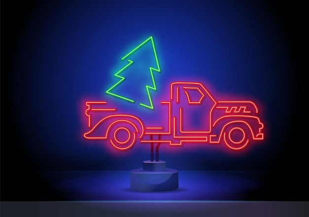 Vektor weihnachtsbaum in lkw-leuchtreklame. tanne, baum, neujahr. nachthelle werbung. vektorillustration im neonstil für banner, plakatwand