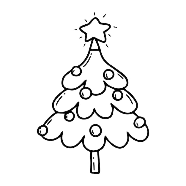 Weihnachtsbaum-malbuch malbuch für kinder doodle-stil vektor-illustration eines weihnachtsbaums mit einem stern und kugeln