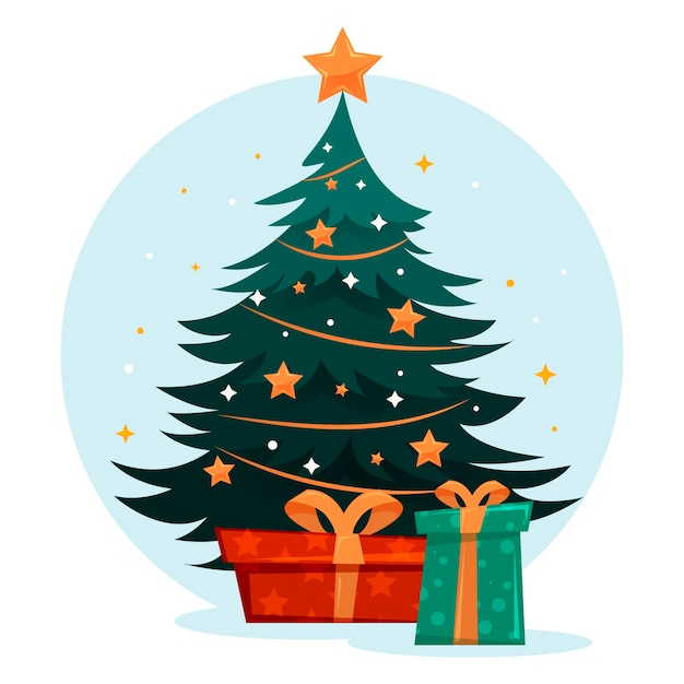 Vektor weihnachtsbaum mit dekorationen und geschenkboxen. urlaub.