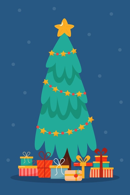 Weihnachtsbaum mit geschenken auf blauem hintergrund vektor-illustration für postkarten-poster-dekor