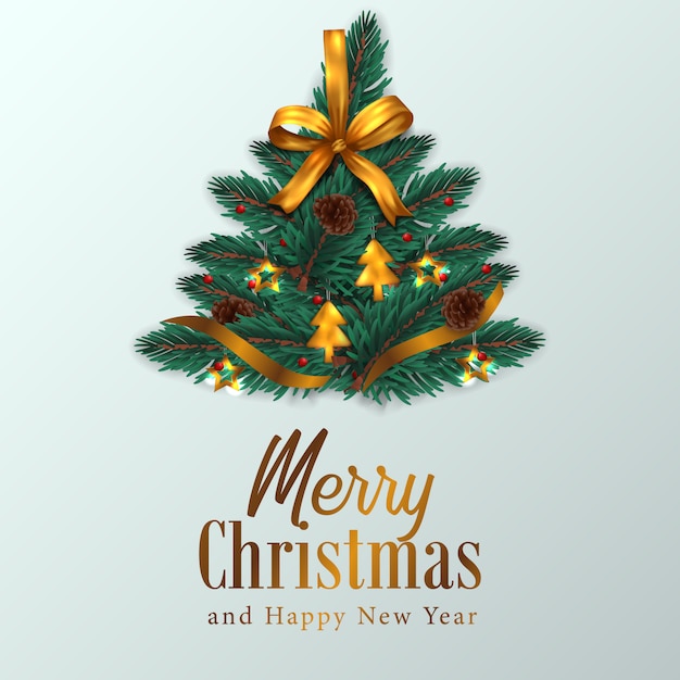 Weihnachtsbaum mit goldenem band- und kiefernkegelhintergrund