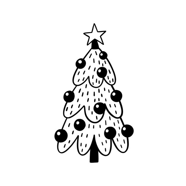 Weihnachtsbaum mit kugeln und sternvektor handgezeichnete cliparts im doodle-stil. feiertagsillustration