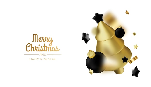 Weihnachtsbaum mit Sternen und Kugeln Frohe Weihnachten und frohes Neujahr Realistisches 3D-Design von Gegenständen Weihnachtkugel Geschenkkiste Überraschung Geschenke Gold Konfetti Vektor-Illustration