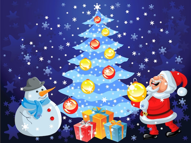 Weihnachtsbaum schneeflocken spielzeug geschenke dekorationen glücklich cartoon weihnachtsmann und schneemann