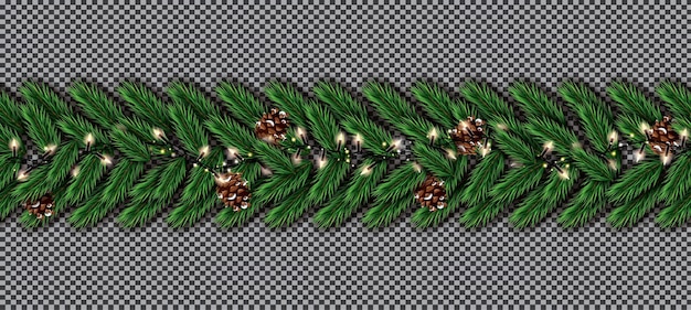 Weihnachtsbaum-Tannengrenze mit Girlande und Kegel auf transparentem Hintergrund. Grenze der realistisch aussehenden Weihnachtsbaumzweige.