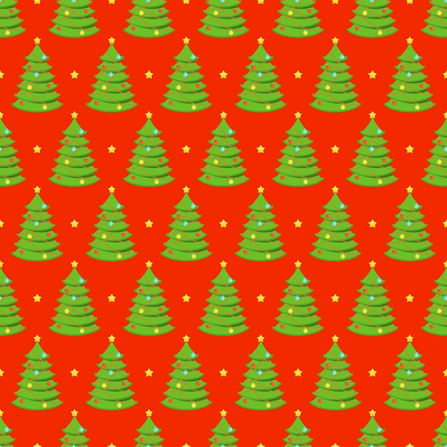 Weihnachtsbaum und Geschenke auf rotem Grund. Weihnachten und Neujahr nahtlose Muster. Flache Vektorillustration.