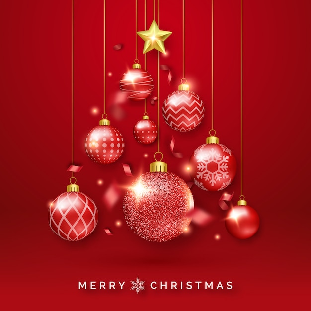 Weihnachtsbaumhintergrund mit glänzenden bändern, stern und bunten bällen