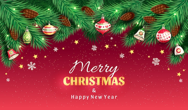 Weihnachtsbaumzweige mit tannenzapfen, weihnachtsspielzeug, glocken, sterne, schneeflocken auf rotem hintergrund mit frohe weihnachten & frohes neues jahr-text