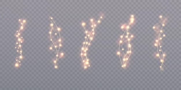 Weihnachtsbeleuchtung für Feiertagsillustrationen Kränze von hellen Lichtern leuchten auf durchsichtigem Hintergrund