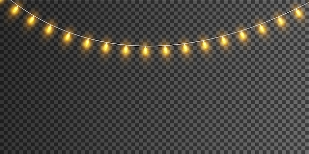 Weihnachtsbeleuchtung isoliert auf transparentem hintergrund satz von goldenen weihnachtlich leuchtenden girlanden vektor-illustration