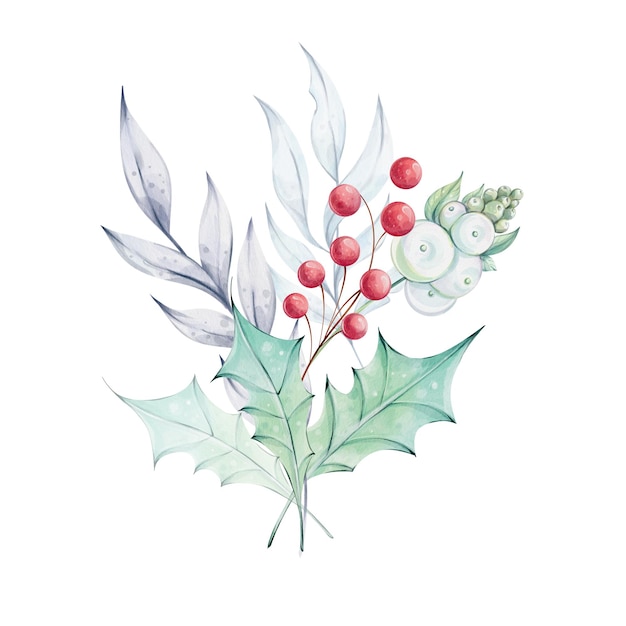 Weihnachtsbouquet mit Aquarell mit grünen Blättern und roten Beeren im Vintage-Stil Winter