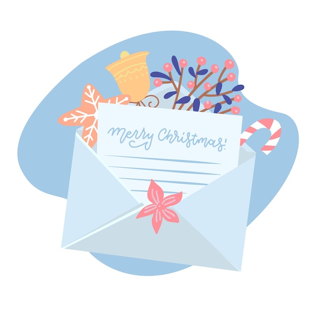 Vektor weihnachtsbrief aus weißem umschlag mit geschenkbox, lebkuchen, tasse und stechpalme, glocke