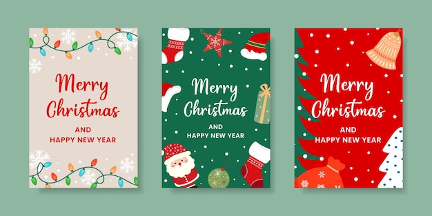 Weihnachtsbroschüre mit flachem Design Postervorlagen mit Weihnachtendekorationen, Feiertagsstrümpfen und Weihnachtstern