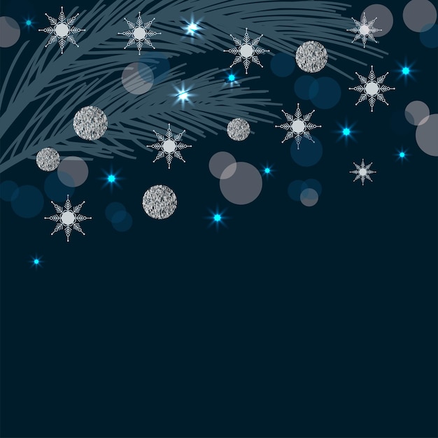 Vektor weihnachtsdekoration dunkelblauer hintergrund kugeln schneeflocken sterne festliche dekoration neujahr
