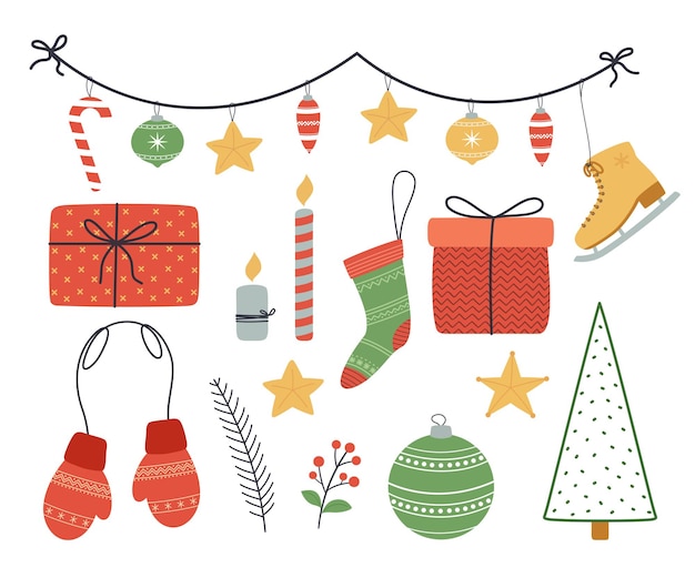 Weihnachtsdekorationsaufkleber. neujahrselemente geschenke, bälle, kerzen, kiefer, rote handschuhe handschuhe, hängende winterdekoration.