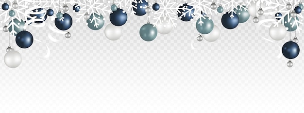 Vektor weihnachtsdekorationsgrenze mit weißer schneeflocke weihnachtskugel und hängendem band