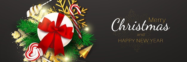 Weihnachtsdesign-banner mit runder geschenkbox, roter schleife, goldenen schneeflocken-lutschern auf schwarzem hintergrund, tannenzweig und glühbirnen. frohes neues jahr-poster für karten-websites, banner-vektorillustration