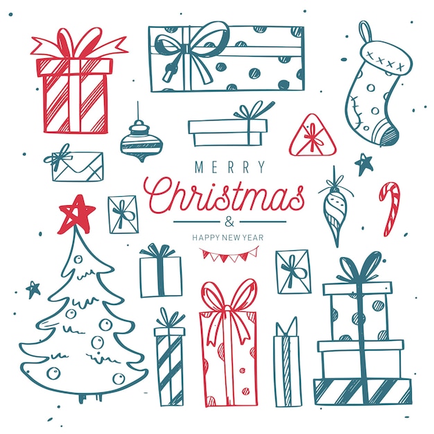 Weihnachtsdesign-gekritzelkollektion mit geschenken und weihnachtsbaum