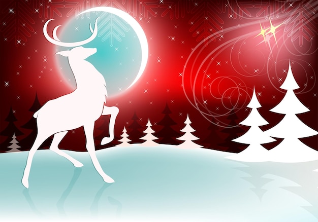 Vektor weihnachtsdesign mit einem hellen mond und einem hirsch