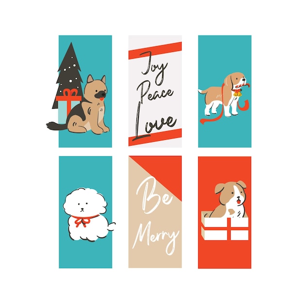 Vektor weihnachtsdesign mit niedlichen hunden und textsammlung