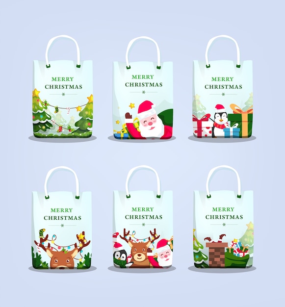 Vektor weihnachtseinkaufstasche mit illustrationssatz
