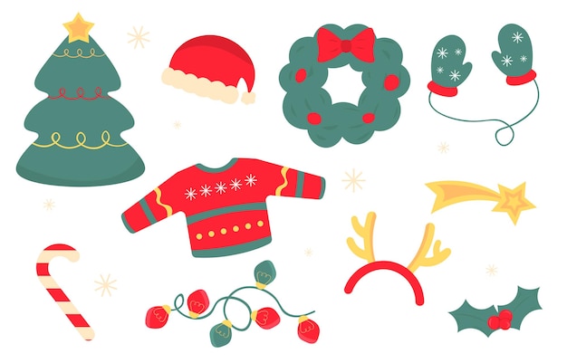 Weihnachtselementen Santa Claus Hut und roter Pullover mit Muster Kranz mit bunten Kugeln