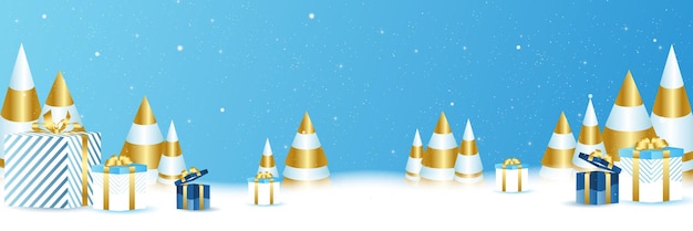 Weihnachtsfahne auf blauem Hintergrund mit Schnee, Schneeflocke, Podium, Bühne, Weihnachtsbaum und Geschenkbox. Weihnachtswinterlandschaftshintergrund. Abstrakte Vektor-Illustration.