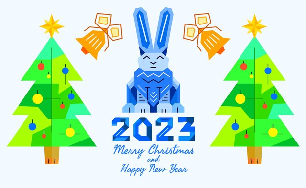 Weihnachtsfahne mit abstrakten geometrischen Häschenschneeflocken und Weihnachtsdekorationen für Posterkarten und Grüße für Winterferien und Neujahr Vektorillustration
