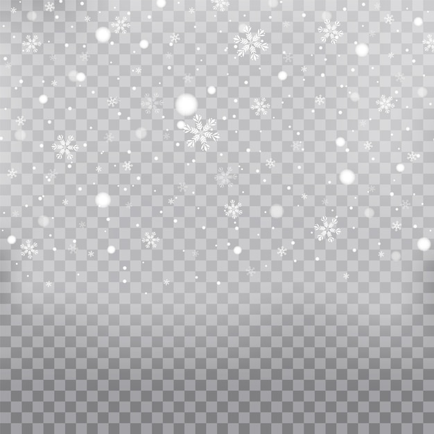 Weihnachtsfallender Schneevektor lokalisiert auf transparentem Hintergrund. Transparenter Dekorationseffekt der Schneeflocke. Weihnachtsschnee für das neue Jahr.