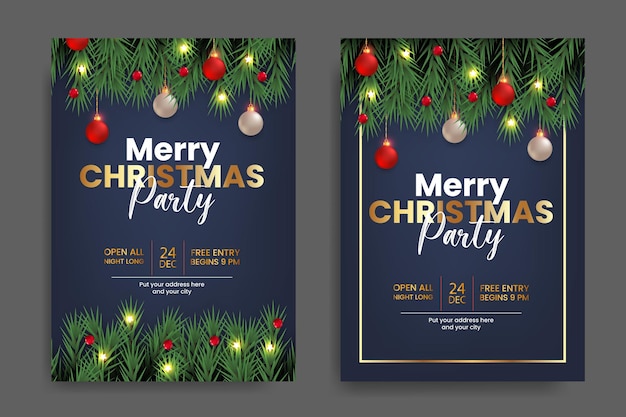 Weihnachtsfeier flyer oder poster design vorlage dekoration mit tannenzweig und weihnachtskugel