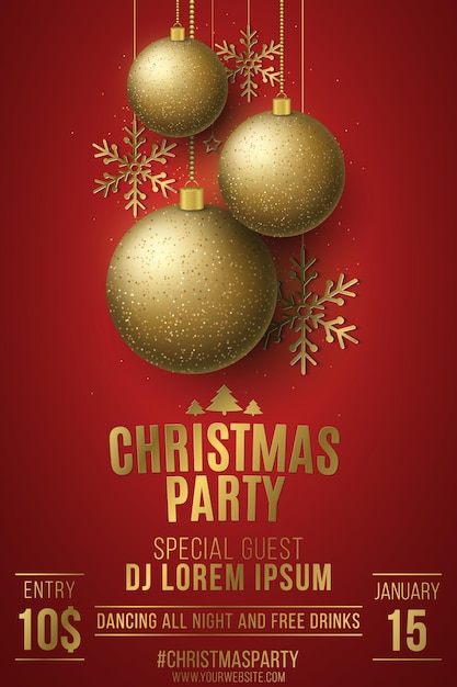 Weihnachtsfeier-Plakat. Goldene glitzernde balls.hanging Sterne und Schneeflocken. DJ-Name. Nachtdisco