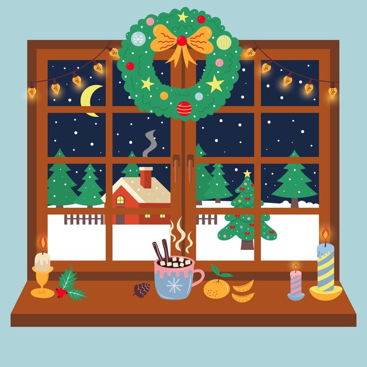 Vektor weihnachtsfenster verziert mit kranz und girlande winternachtlandschaft durch das fenster