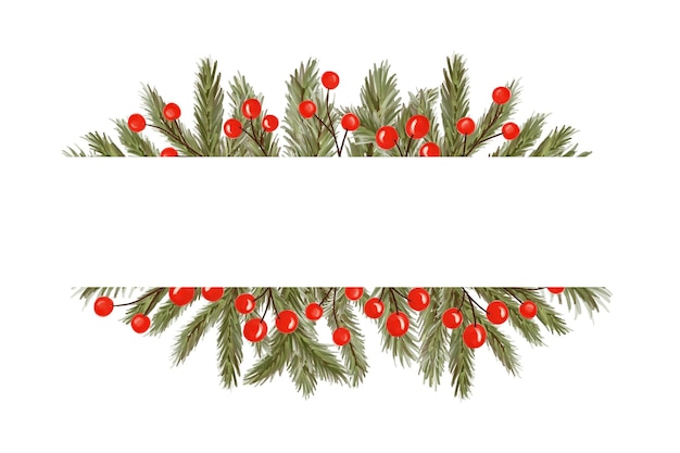 Vektor weihnachtsferien-border-banner mit kopierraum-vorlage, geschmückter tannenbaum und roten heulbeeren