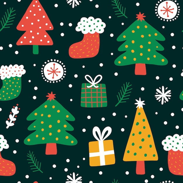 Weihnachtsferien flacher Vektor nahtloses Muster Textur der Symbole der Wintersaison Traditionelle Weihnachtsattribute Weihnachtsbäume Geschenke