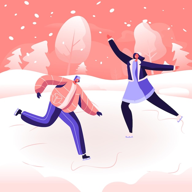 Weihnachtsferien Freizeitvergnügen. Glückliche Menschen, die Freizeitaktivitäten im Freien im Winter Park durchführen. Karikatur flache Illustration