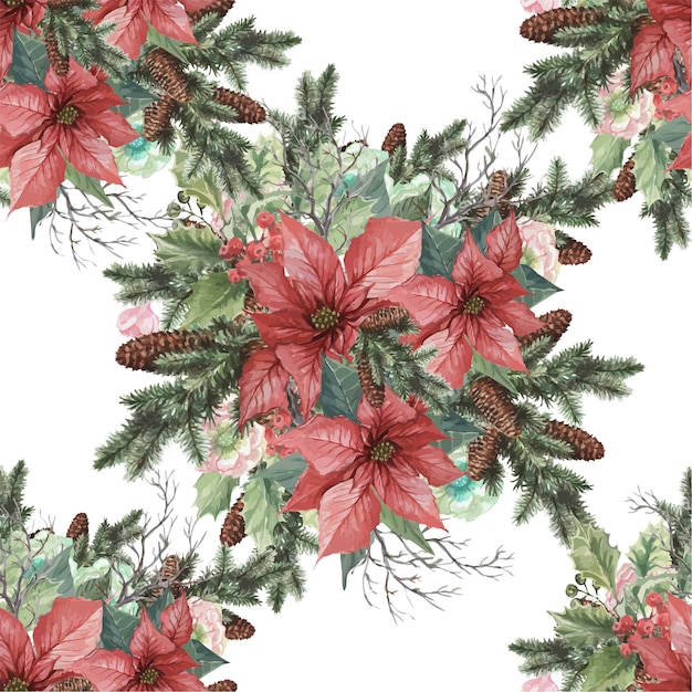 Weihnachtsferien girlande blumen weihnachtsstern beeren fichte zweige neujahr aquarell kindisch