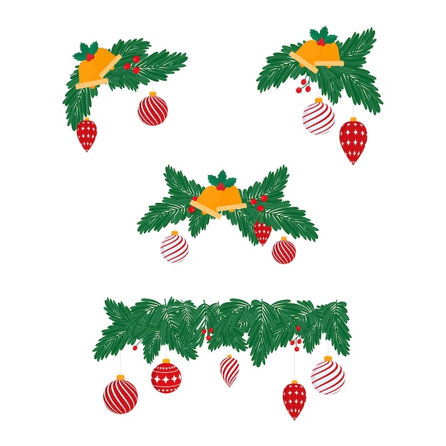 Weihnachtsfest-elemente wie jingle bell, kugeln, holly berries, kiefer oder tannenblätter auf weißem hintergrund.